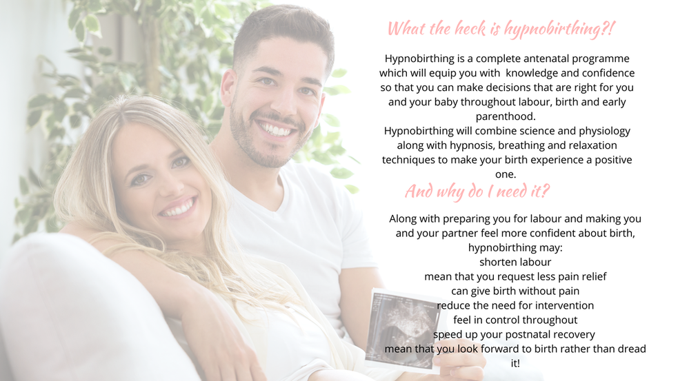 Man and woman holding a scan picture of their baby. Text describing the benefits of hypnobirthing